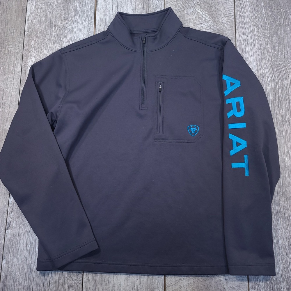 Ariat Quarter Zip Pullover Mens Medium Gray AriatTEK Cold Series Logo Sleeve